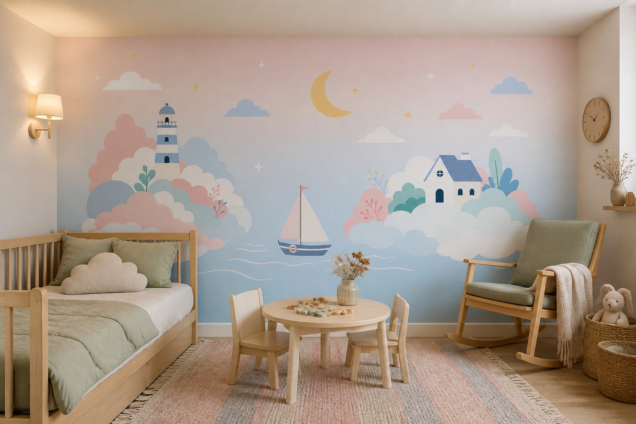 Pastel Coastal Landscape Wallpaper Lighthouse Nursery Wall Mural Removable Wall Decor