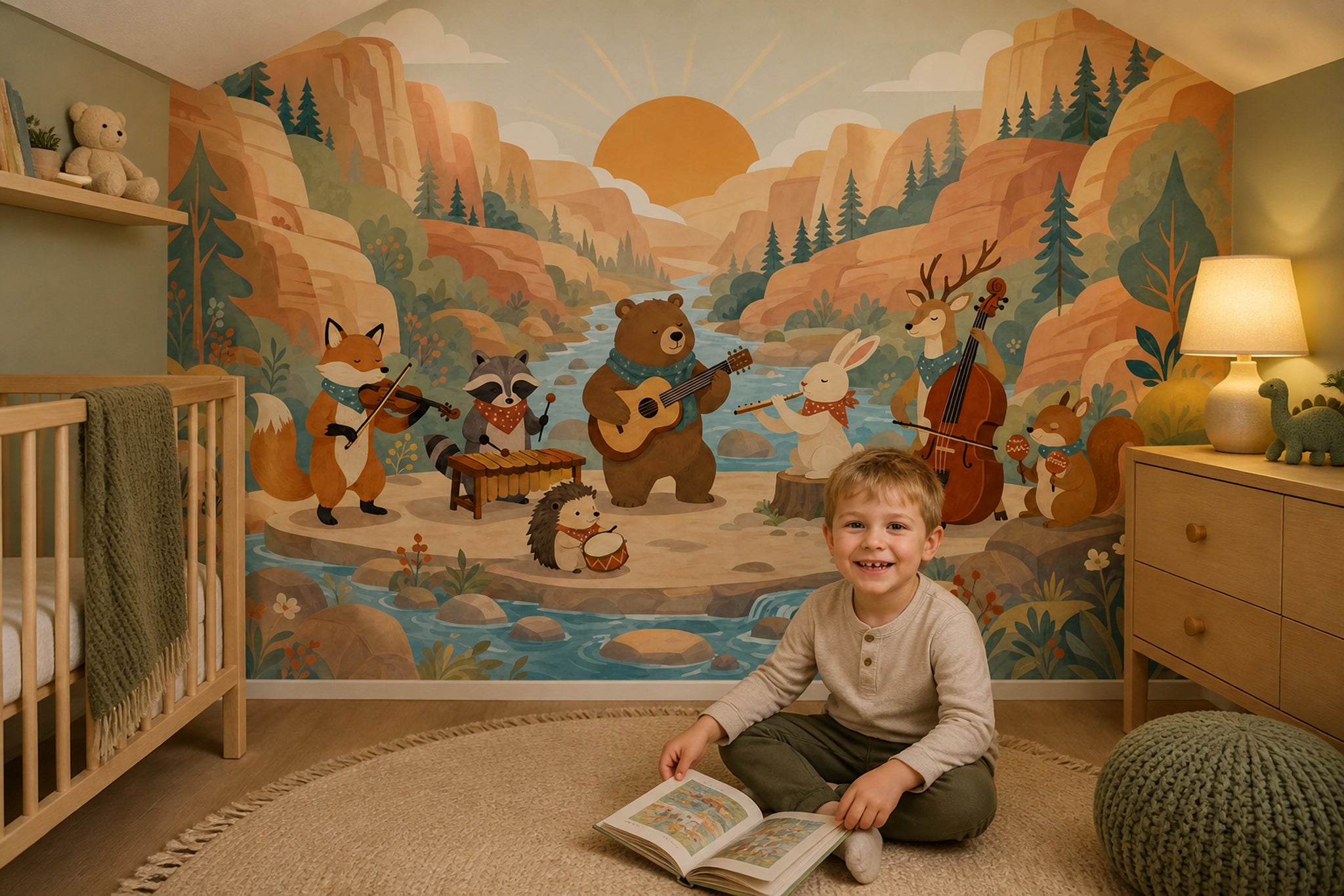 Storybook Illustration Wallpaper Woodland Animals Removable Canyon Landscape Wall Decor