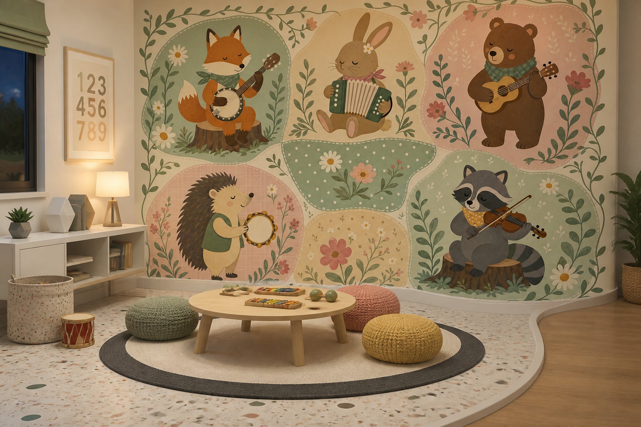 Woodland Animals Wallpaper Musical Instruments Removable Pastel Green Wall Decor