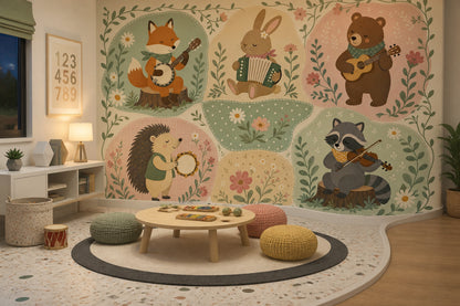 Woodland Animals Wallpaper Musical Instruments Removable Pastel Green Wall Decor