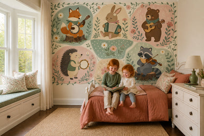 Woodland Animals Wallpaper Musical Instruments Removable Pastel Green Wall Decor