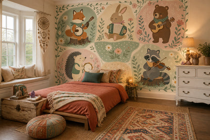 Woodland Animals Wallpaper Musical Instruments Removable Pastel Green Wall Decor
