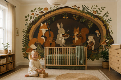 Forest Orchestra Wallpaper Woodland Animals Storybook Illustration Removable Wall Decor