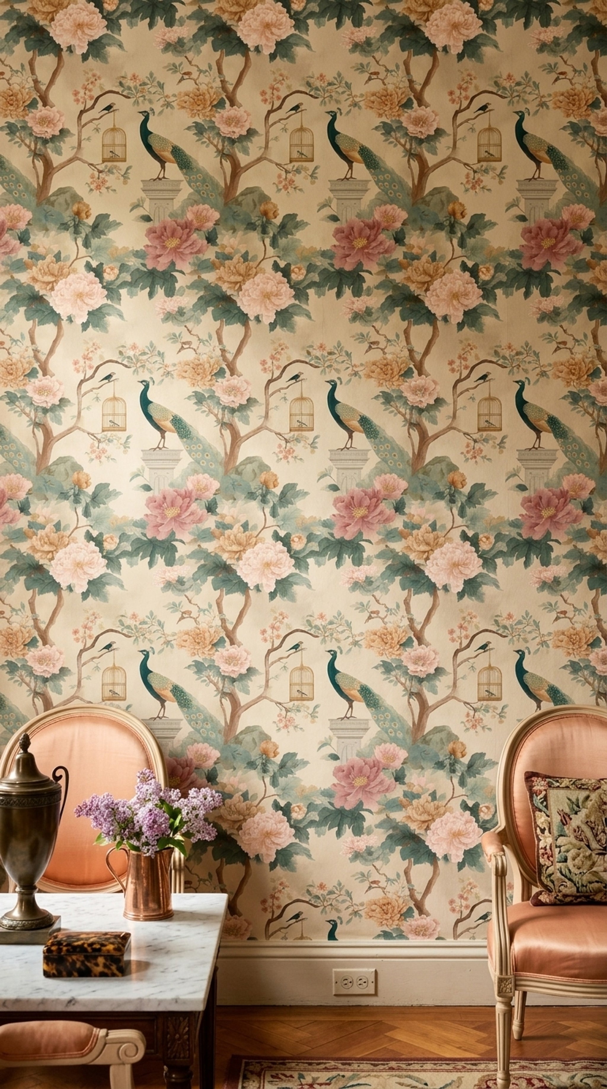 Chinoiserie Wallpaper Peonies Peacock Removable Wall Decor
