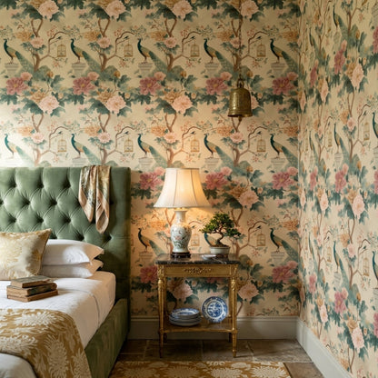 Chinoiserie Wallpaper Peonies Peacock Removable Wall Decor