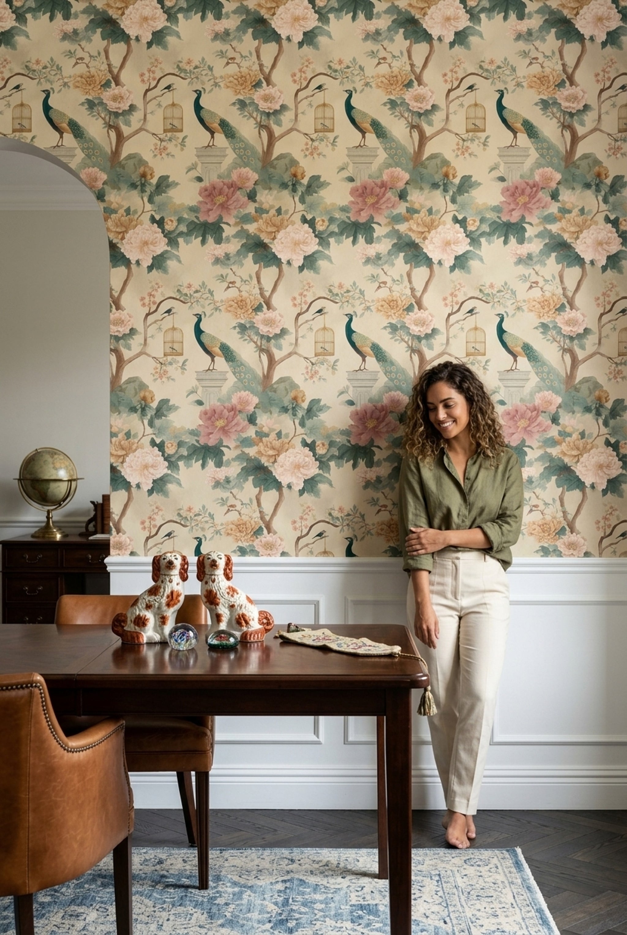 Chinoiserie Wallpaper Peonies Peacock Removable Wall Decor