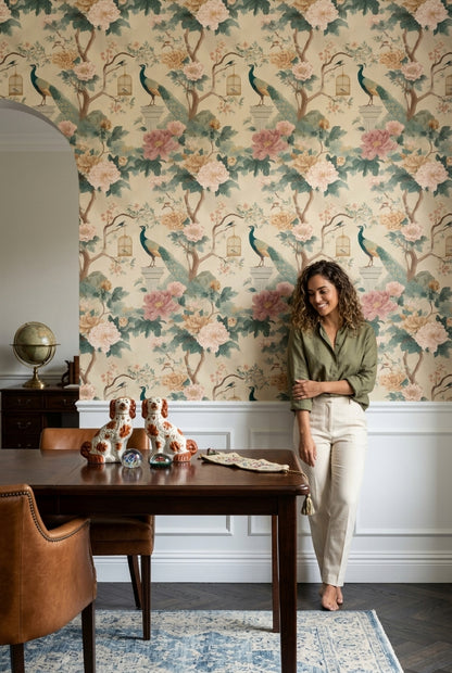 Chinoiserie Wallpaper Peonies Peacock Removable Wall Decor