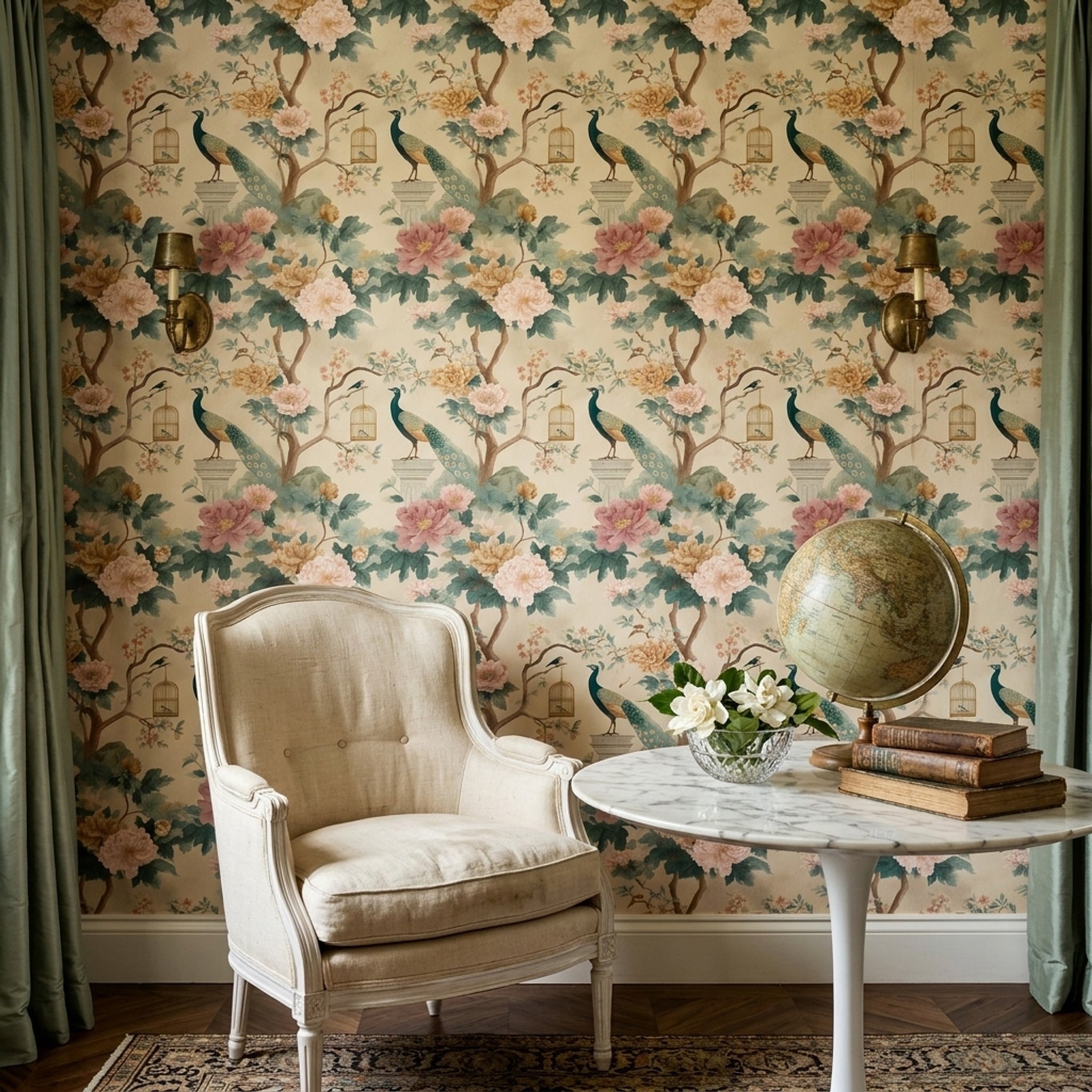 Chinoiserie Wallpaper Peonies Peacock Removable Wall Decor