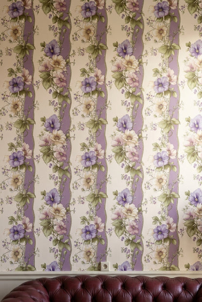 Floral Wallpaper Purple Striped Background Removable Botanical Illustration Wall Double Roll