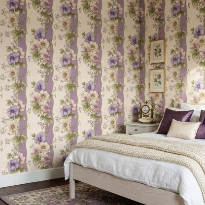 Floral Wallpaper Purple Striped Background Removable Botanical Illustration Wall Double Roll