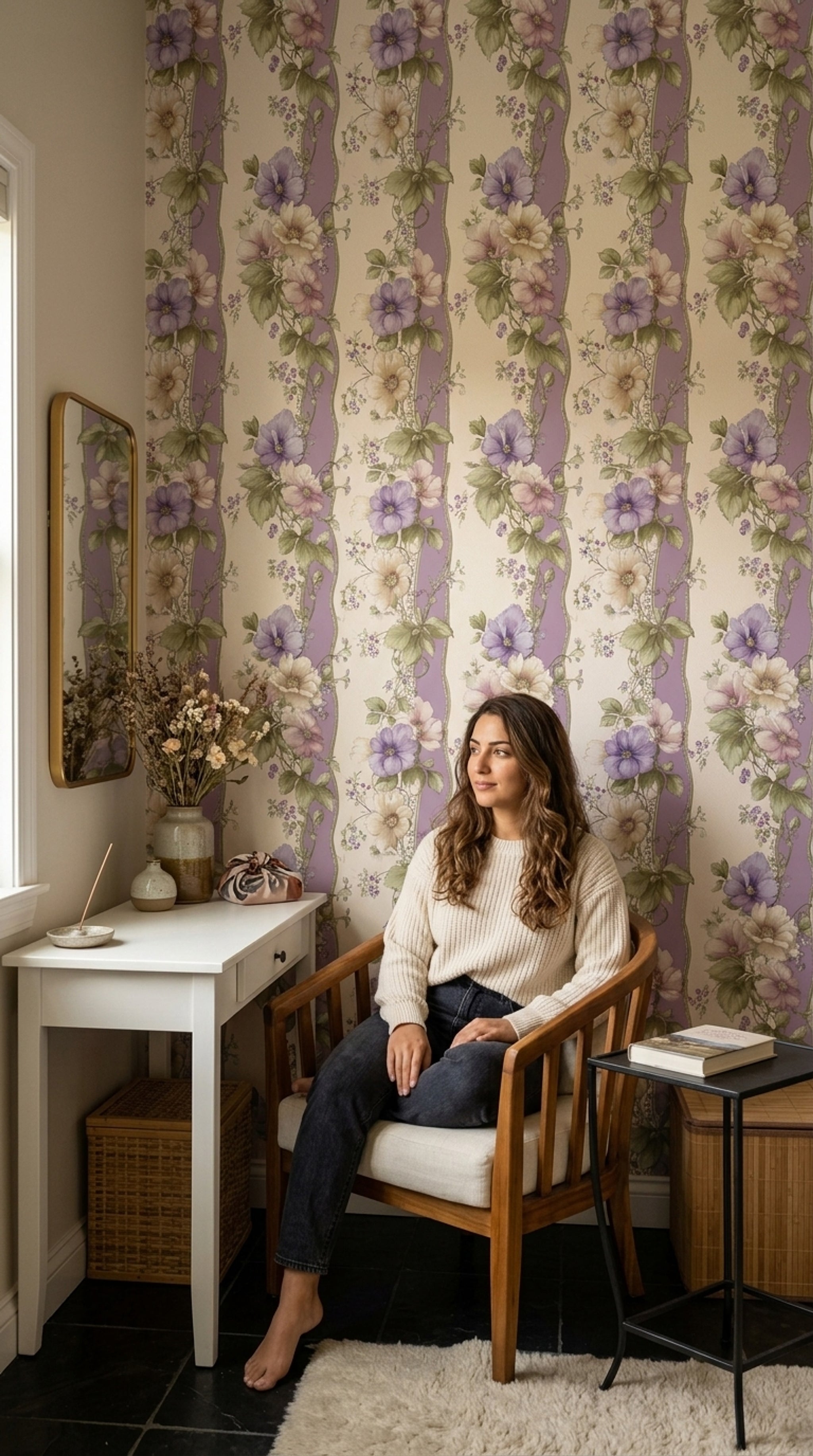 Floral Wallpaper Purple Striped Background Removable Botanical Illustration Wall Double Roll