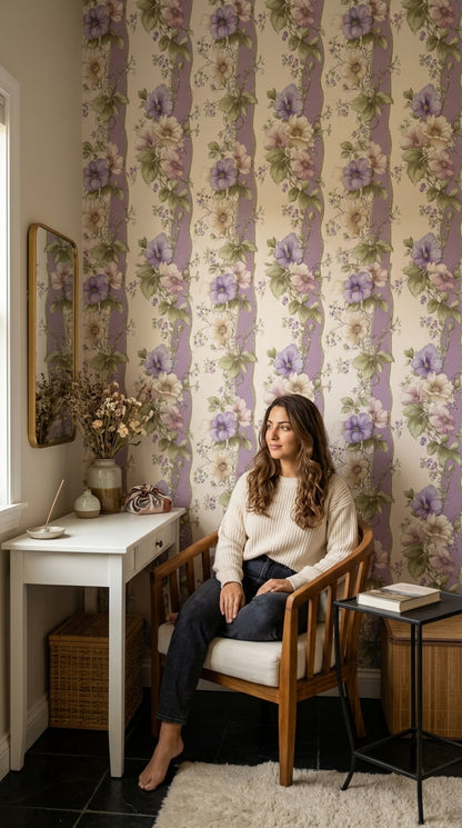Floral Wallpaper Purple Striped Background Removable Botanical Illustration Wall Double Roll