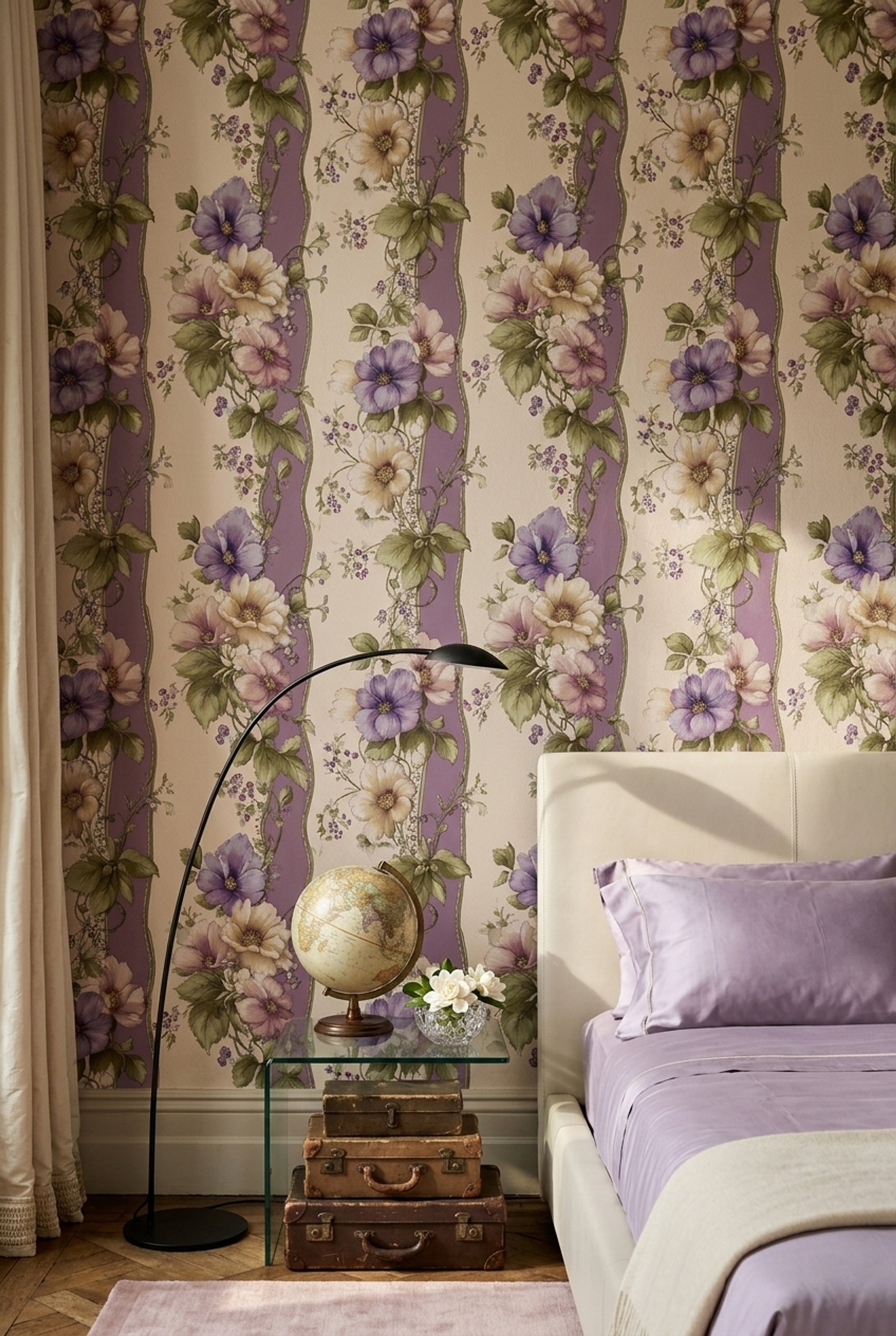 Floral Wallpaper Purple Striped Background Removable Botanical Illustration Wall Double Roll
