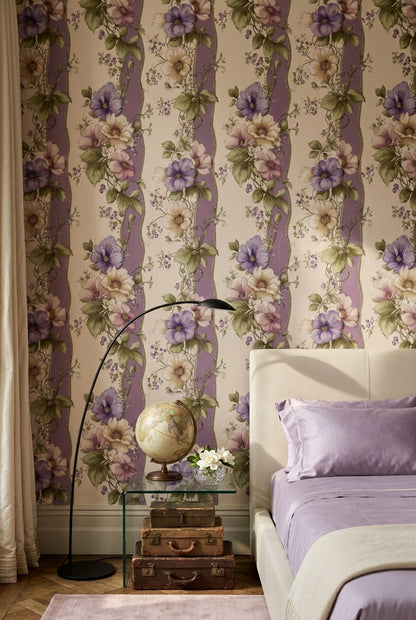 Floral Wallpaper Purple Striped Background Removable Botanical Illustration Wall Double Roll
