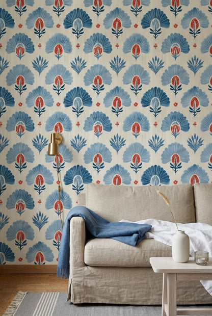 Folk Art Wallpaper Block Print Floral Decorative Mural