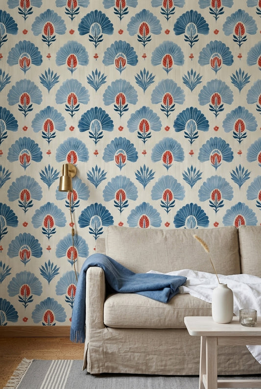 Folk Art Wallpaper Block Print Floral Decorative Mural