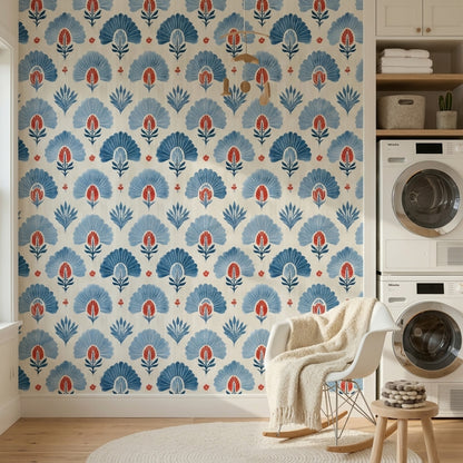 Folk Art Wallpaper Block Print Floral Decorative Mural