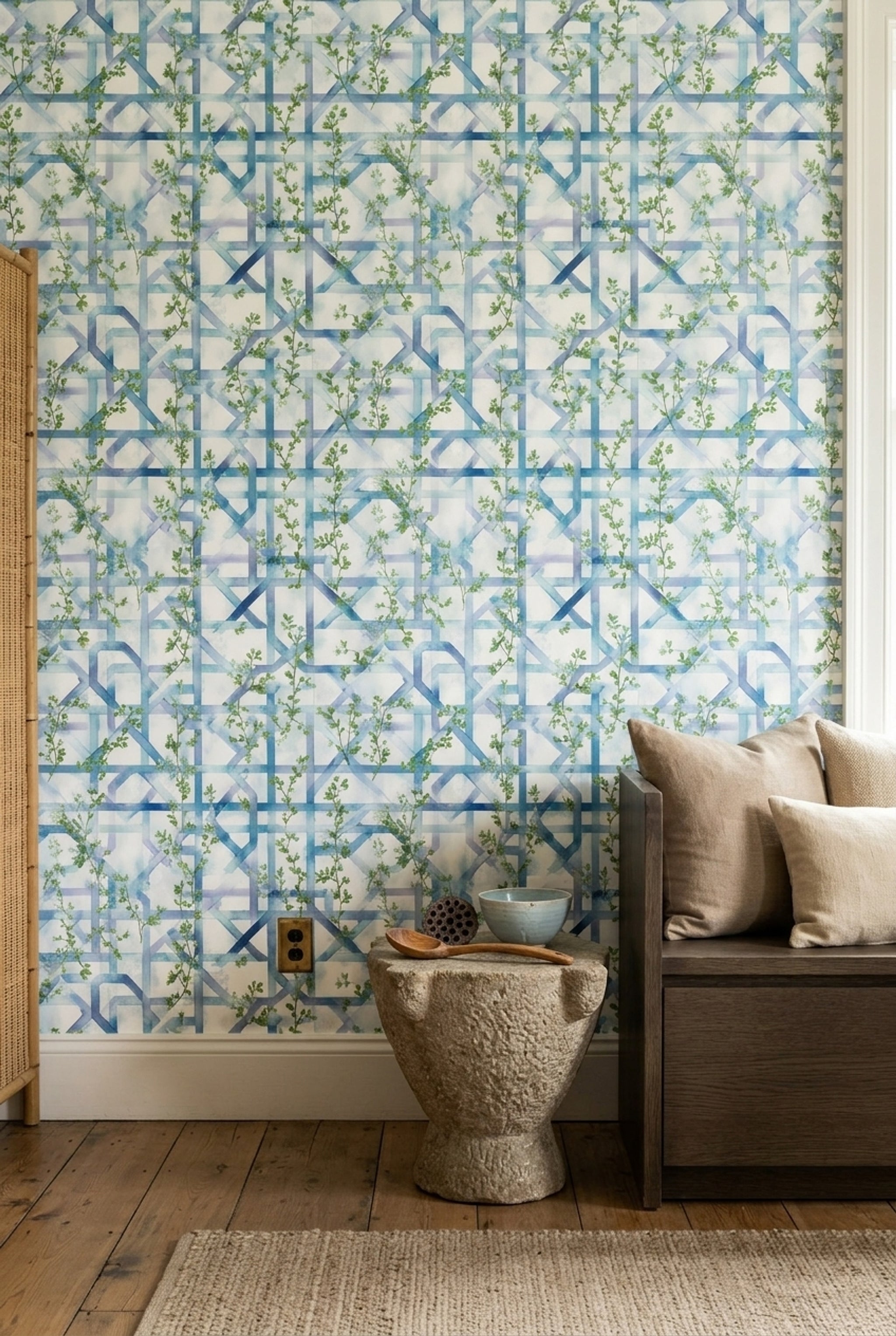 Blue Trellis Wallpaper Geometric Lattice Removable Green Vines Wall Double Roll