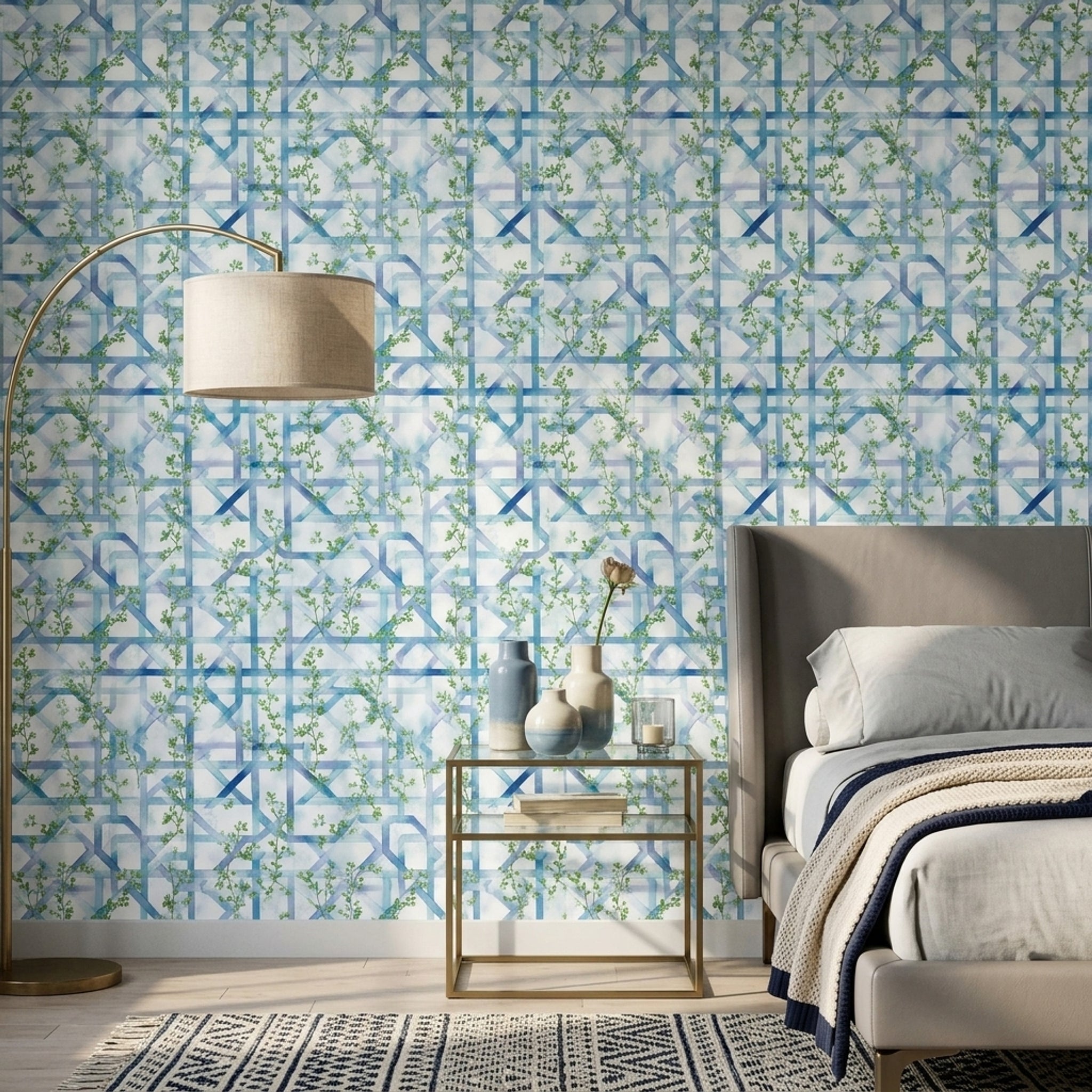 Blue Trellis Wallpaper Geometric Lattice Removable Green Vines Wall Double Roll