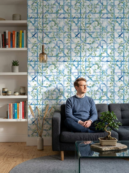 Blue Trellis Wallpaper Geometric Lattice Removable Green Vines Wall Double Roll