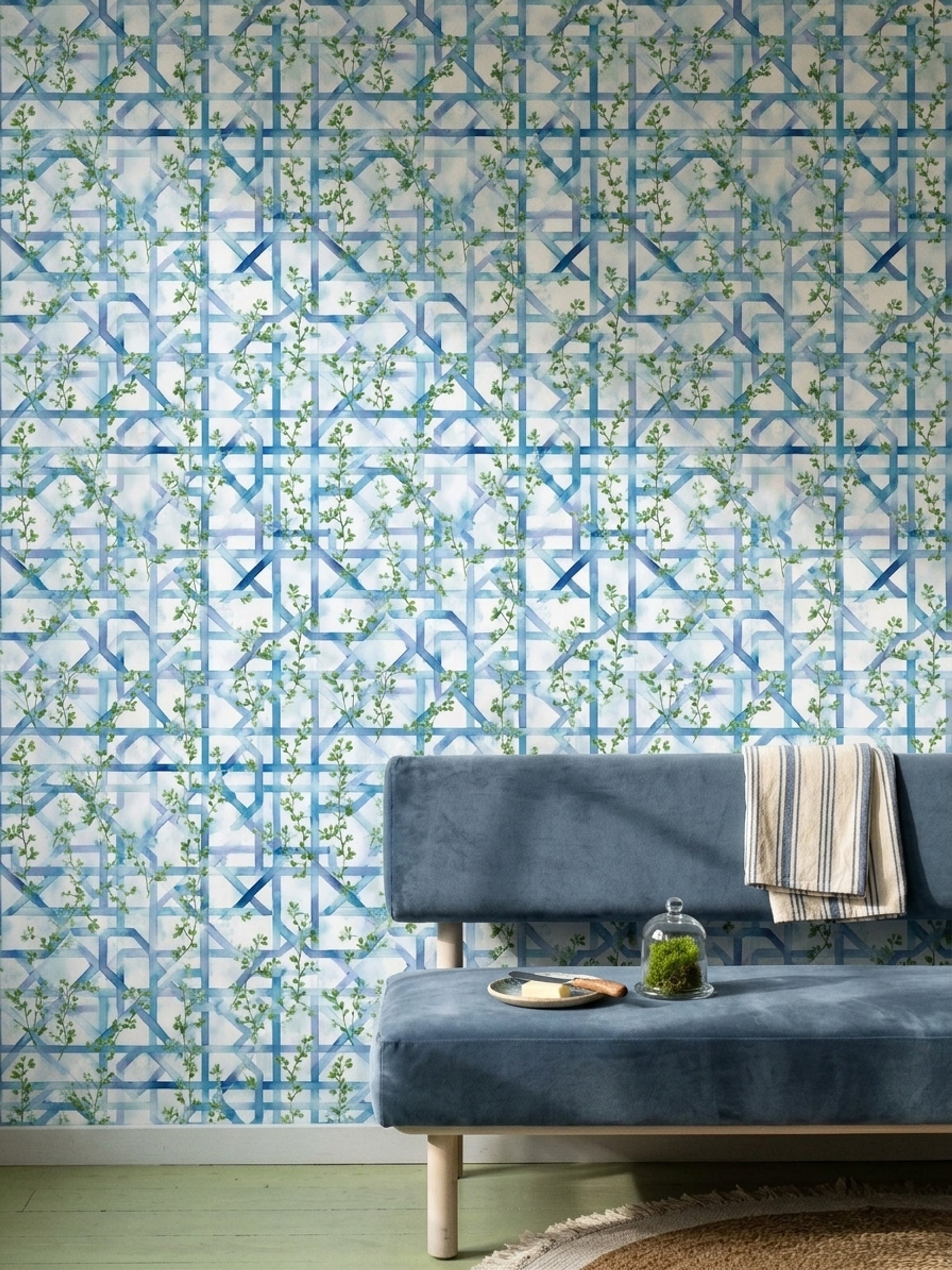 Blue Trellis Wallpaper Geometric Lattice Removable Green Vines Wall Double Roll