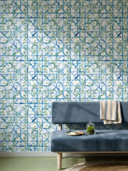 Blue Trellis Wallpaper Geometric Lattice Removable Green Vines Wall Double Roll