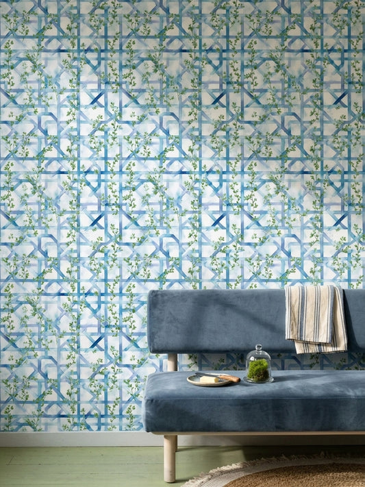 Blue Trellis Wallpaper Geometric Lattice Removable Green Vines Wall Double Roll