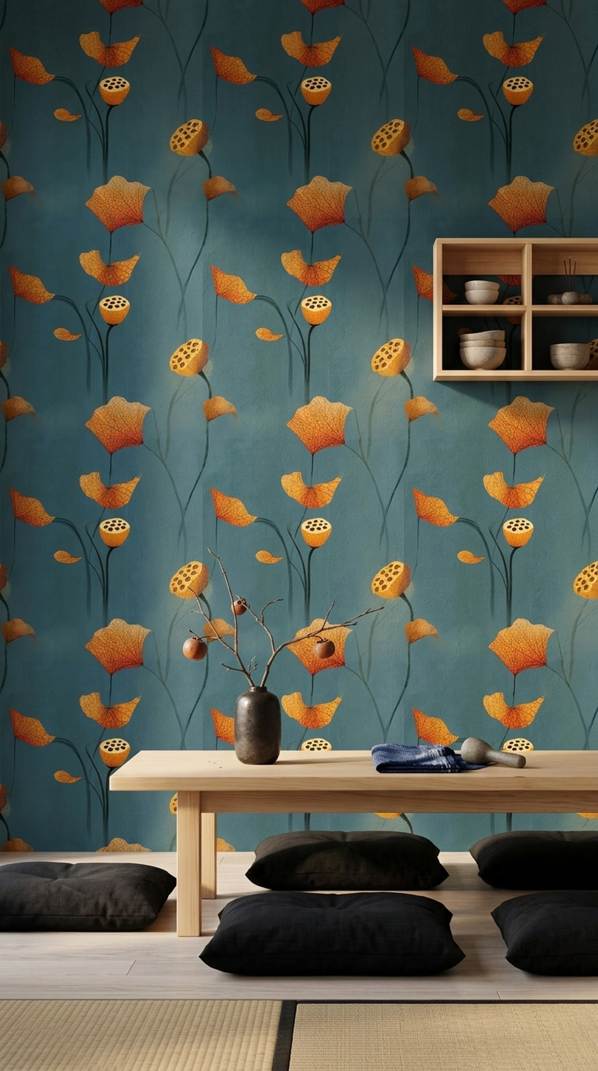 Dark Teal Background Wallpaper Lotus Leaves Lotus Seed Pod Removable Wall Decor