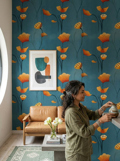 Dark Teal Background Wallpaper Lotus Leaves Lotus Seed Pod Removable Wall Decor