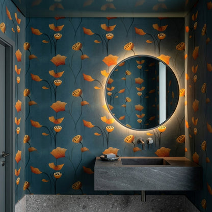 Dark Teal Background Wallpaper Lotus Leaves Lotus Seed Pod Removable Wall Decor