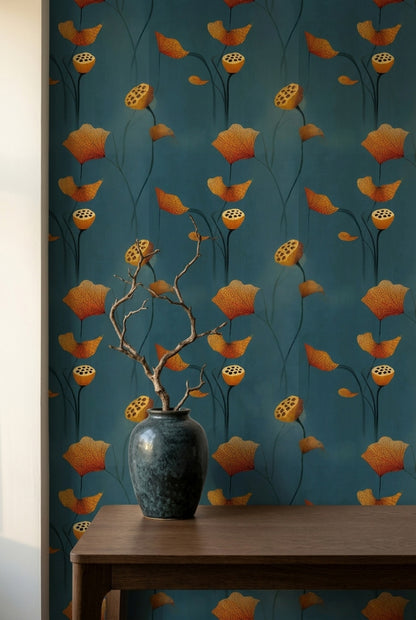 Dark Teal Background Wallpaper Lotus Leaves Lotus Seed Pod Removable Wall Decor