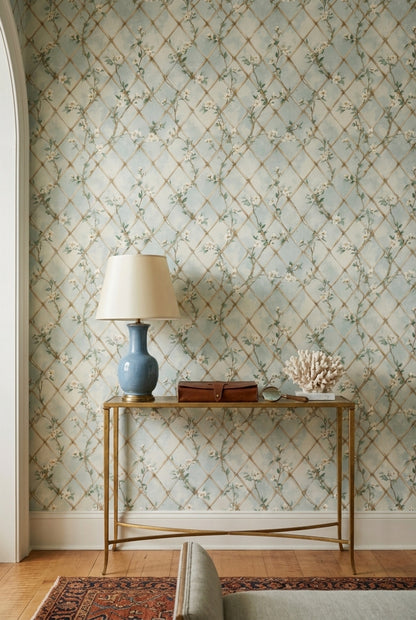 Trellis Lattice Wallpaper Bamboo Rattan White Blossoms Decorative Mural