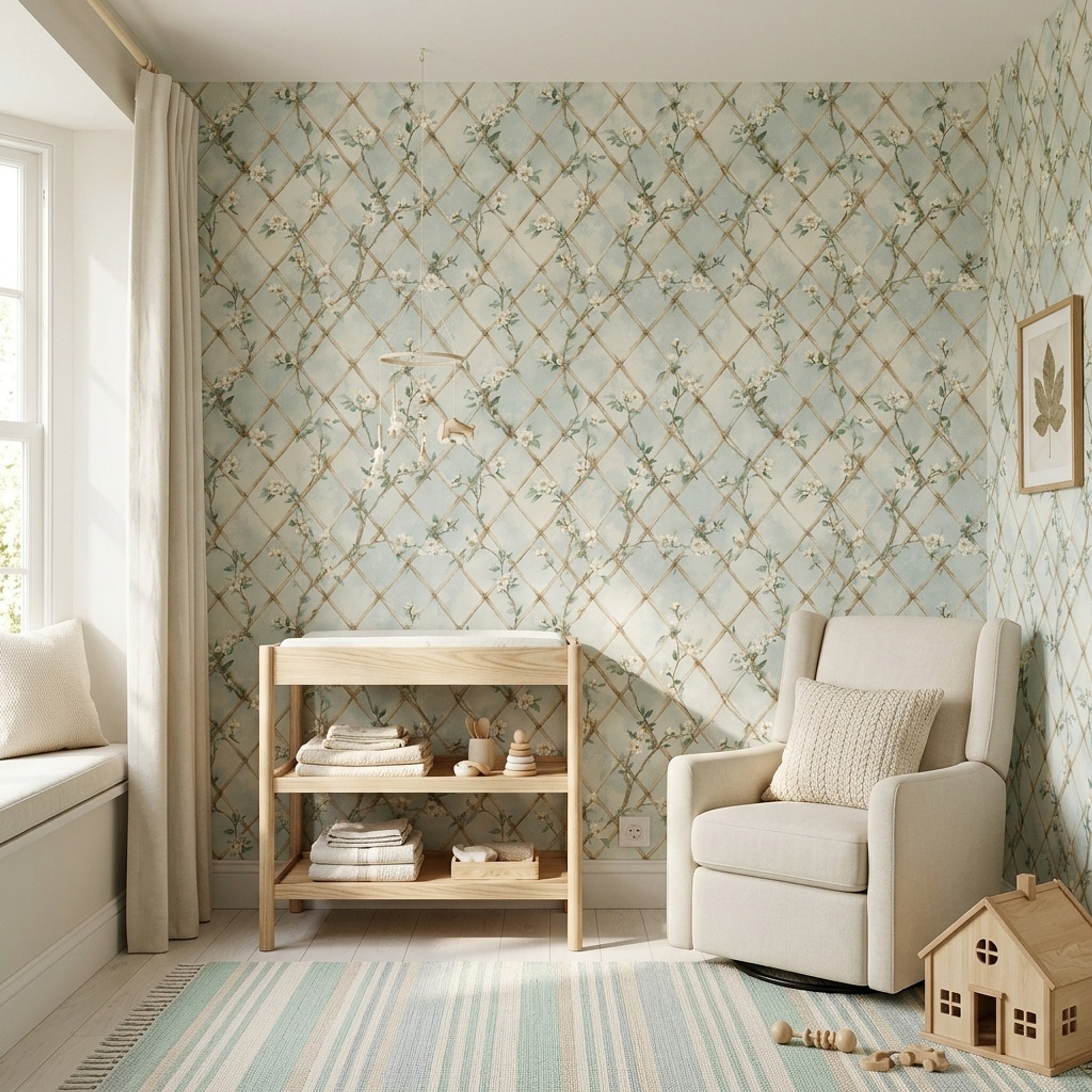 Trellis Lattice Wallpaper Bamboo Rattan White Blossoms Decorative Mural