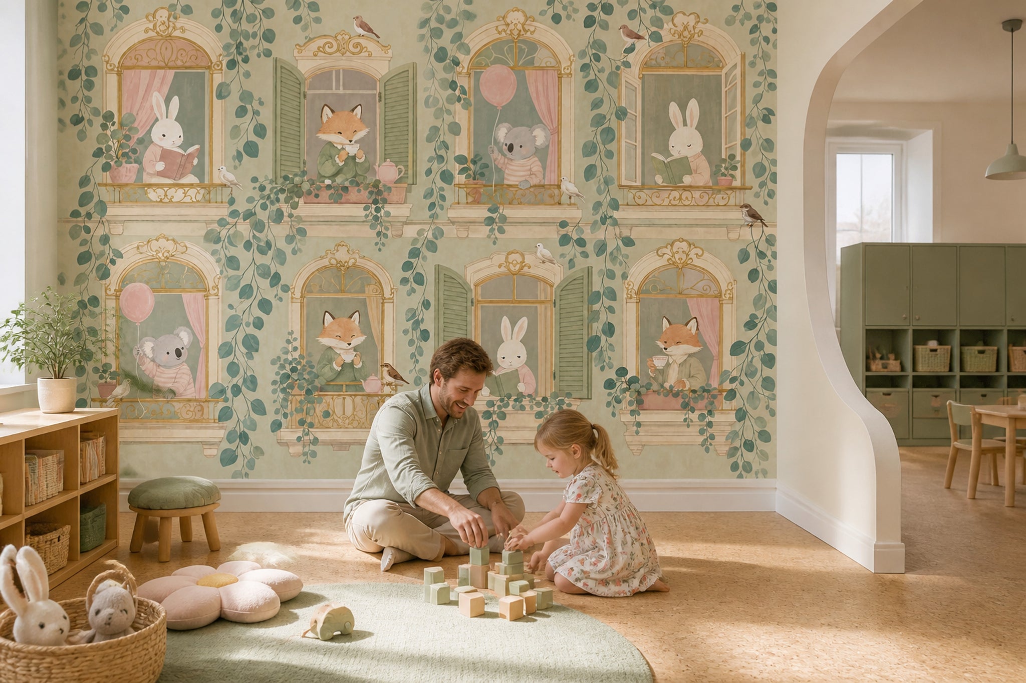 Storybook Animals Wallpaper Arched Windows Removable Whimsical Wall Decor