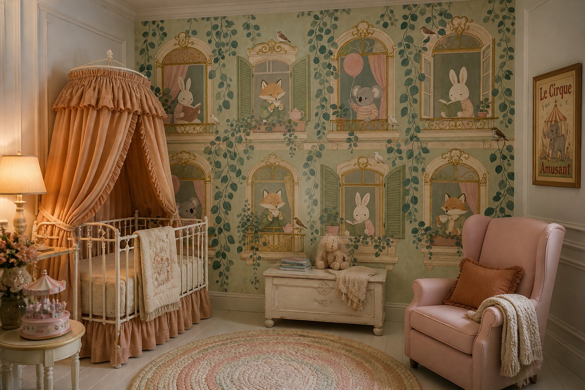 Storybook Animals Wallpaper Arched Windows Removable Whimsical Wall Decor