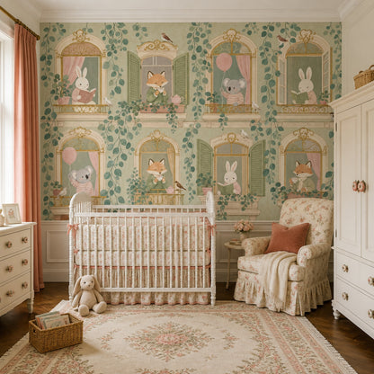 Storybook Animals Wallpaper Arched Windows Removable Whimsical Wall Decor