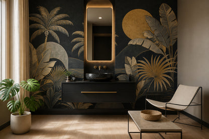 Dark Tropical Landscape Wallpaper Palm Trees Gold Sun Removable Wall Decor