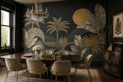 Dark Tropical Landscape Wallpaper Palm Trees Gold Sun Removable Wall Decor