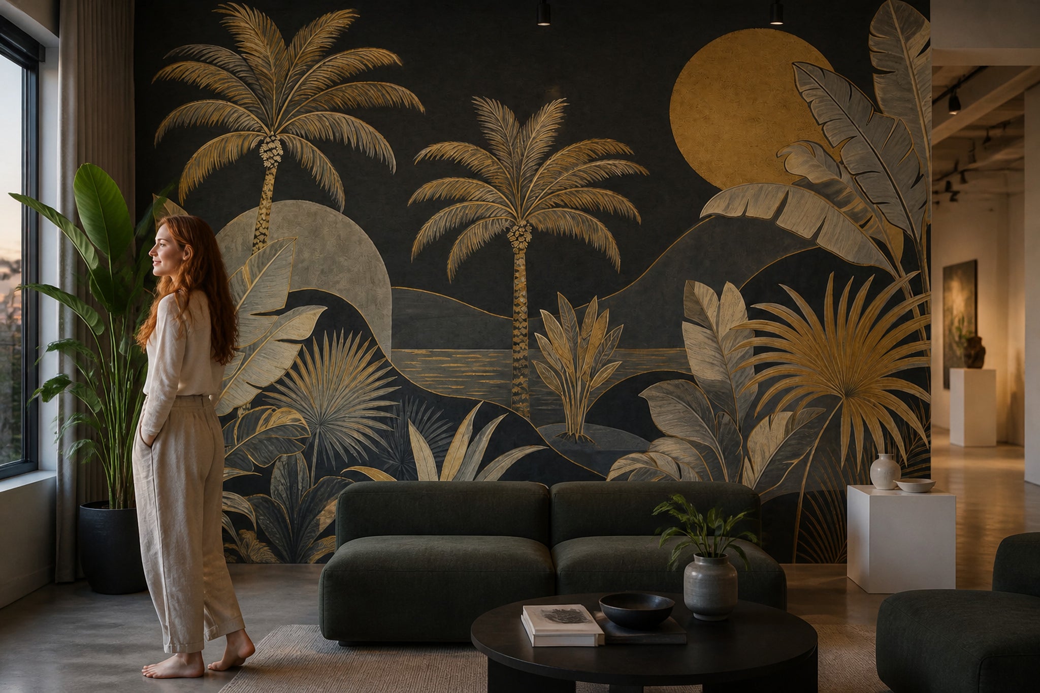 Dark Tropical Landscape Wallpaper Palm Trees Gold Sun Removable Wall Decor