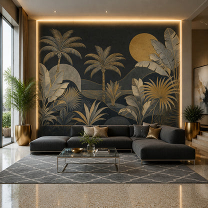 Dark Tropical Landscape Wallpaper Palm Trees Gold Sun Removable Wall Decor