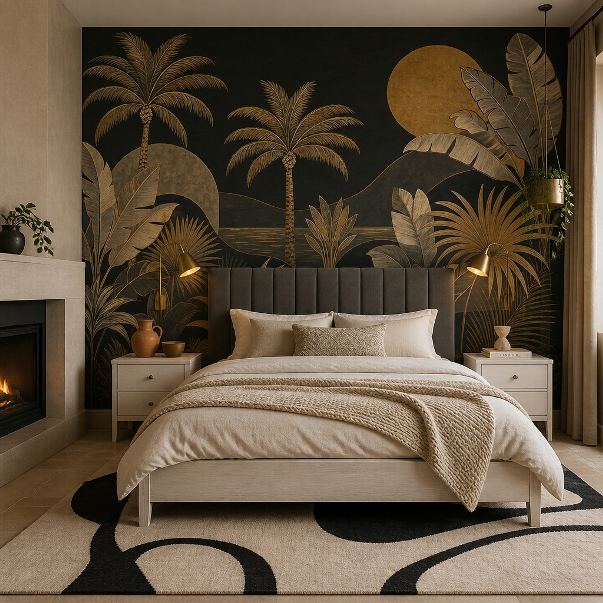 Dark Tropical Landscape Wallpaper Palm Trees Gold Sun Removable Wall Decor