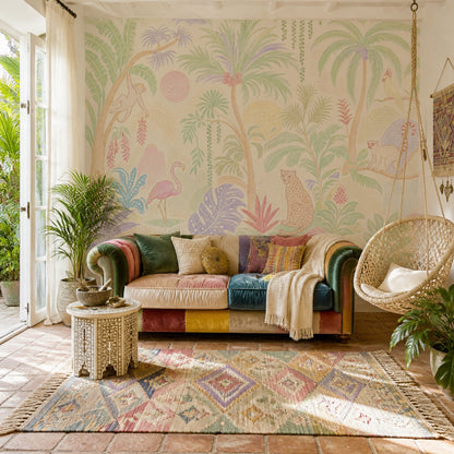 Tropical Jungle Wallpaper Pastel Removable Palm Trees Wall Decor