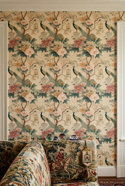 Chinoiserie Wallpaper Peonies Peacock Removable Wall Decor