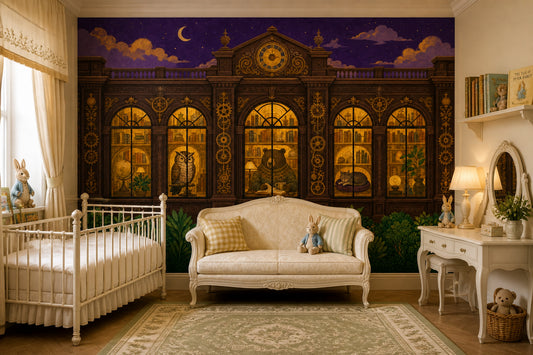 Night Library Wallpaper Vintage Illustration Arched Windows Wall Mural