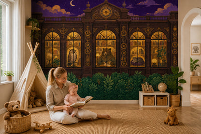 Night Library Wallpaper Vintage Illustration Arched Windows Wall Mural