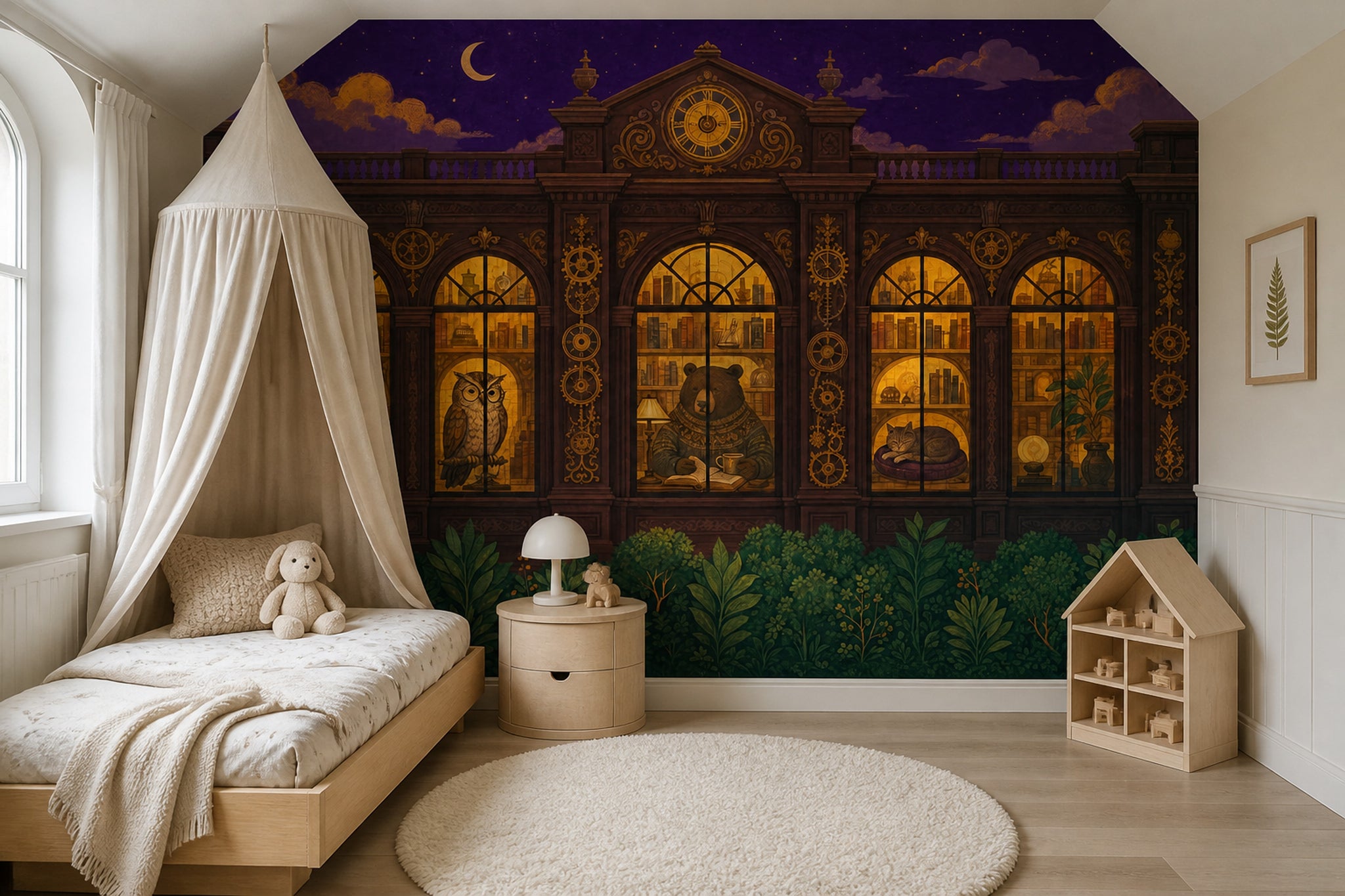 Night Library Wallpaper Vintage Illustration Arched Windows Wall Mural