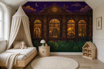 Night Library Wallpaper Vintage Illustration Arched Windows Wall Mural