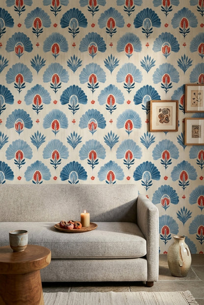 Folk Art Wallpaper Block Print Floral Decorative Mural
