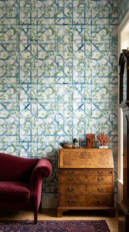 Blue Trellis Wallpaper Geometric Lattice Removable Green Vines Wall Double Roll