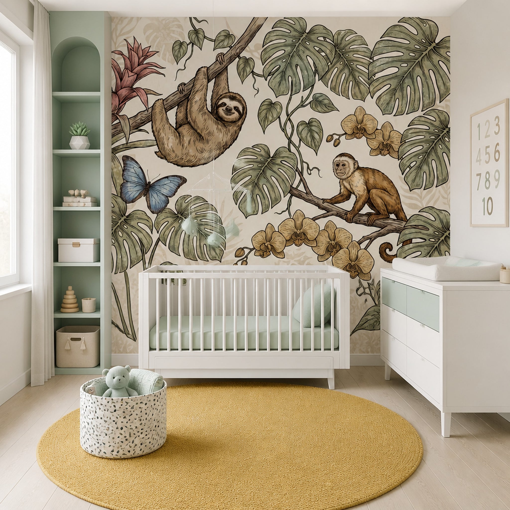 Tropical Jungle Wallpaper Monstera Leaves Removable Sloth Wall Decor